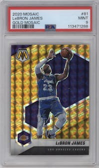LeBron James from the 2020-21 Panini Mosaic set featuring a Gold Mosaic parallel graded by PSA and given an overall grade of 9.