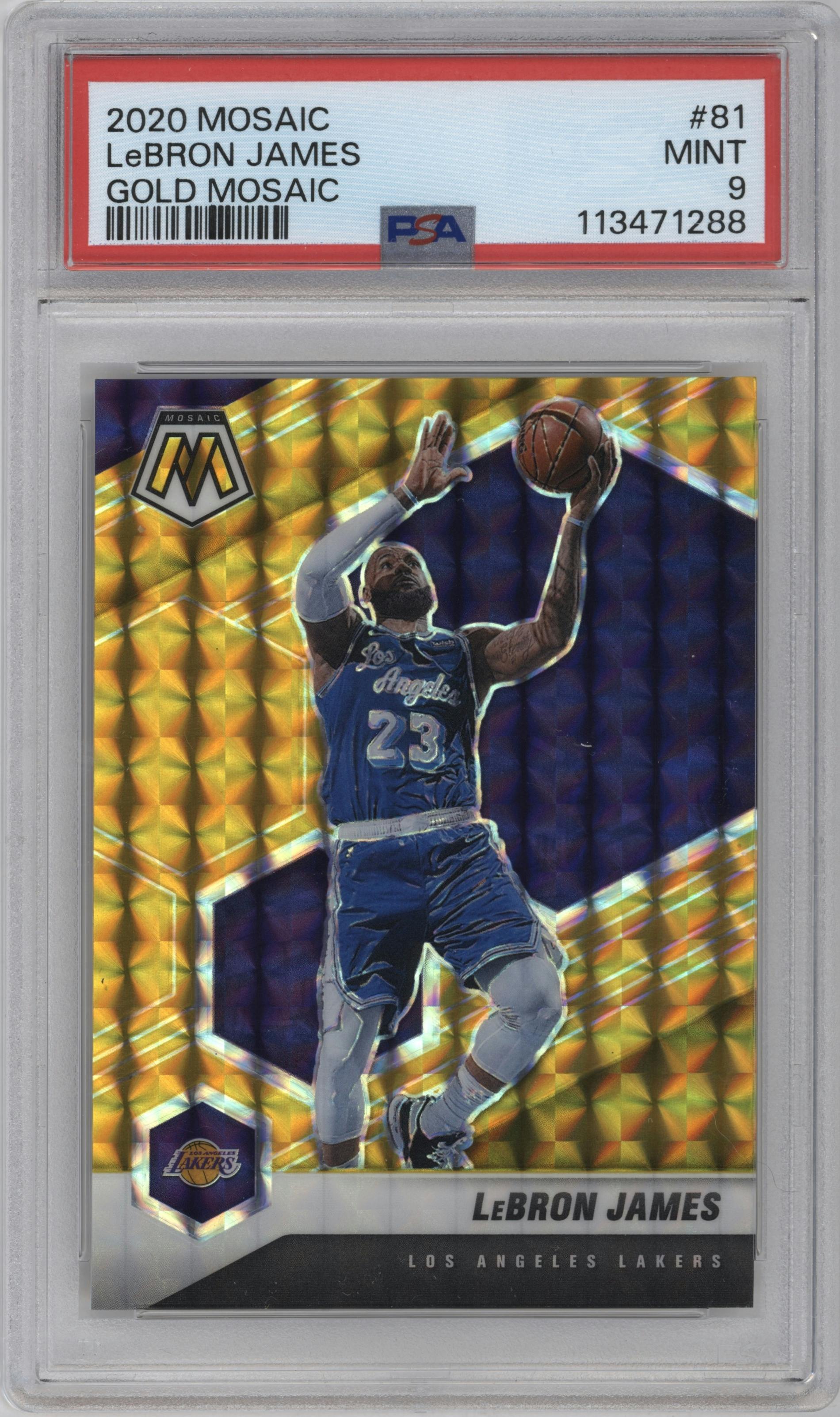 LeBron James from the 2020-21 Panini Mosaic set featuring a Gold Mosaic parallel graded by PSA and given an overall grade of 9.