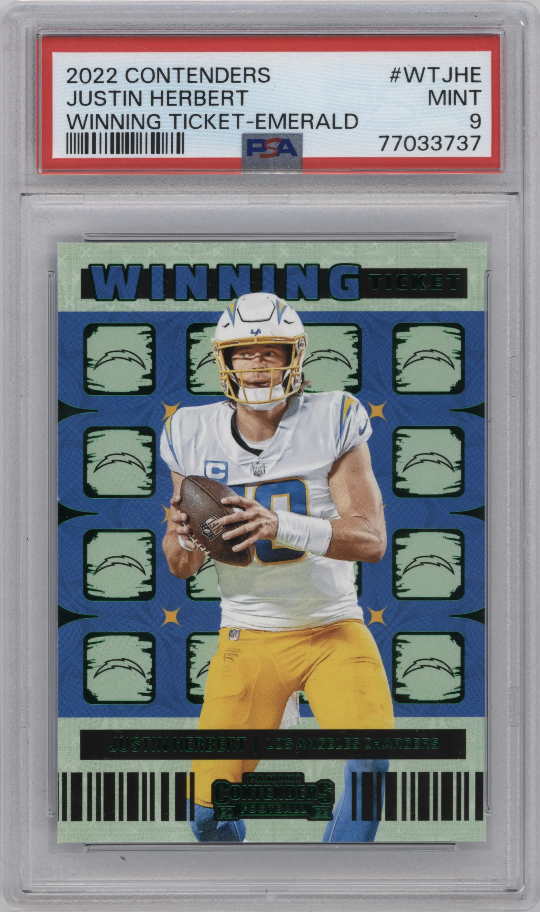 2022 Panini Contenders Winning Ticket Justin Herbert Emerald PSA 9