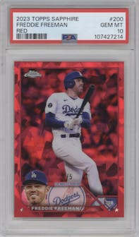 Freddie Freeman from the 2023 Topps Chrome Sapphire set featuring a Red parallel graded by PSA and given an overall grade of 10.