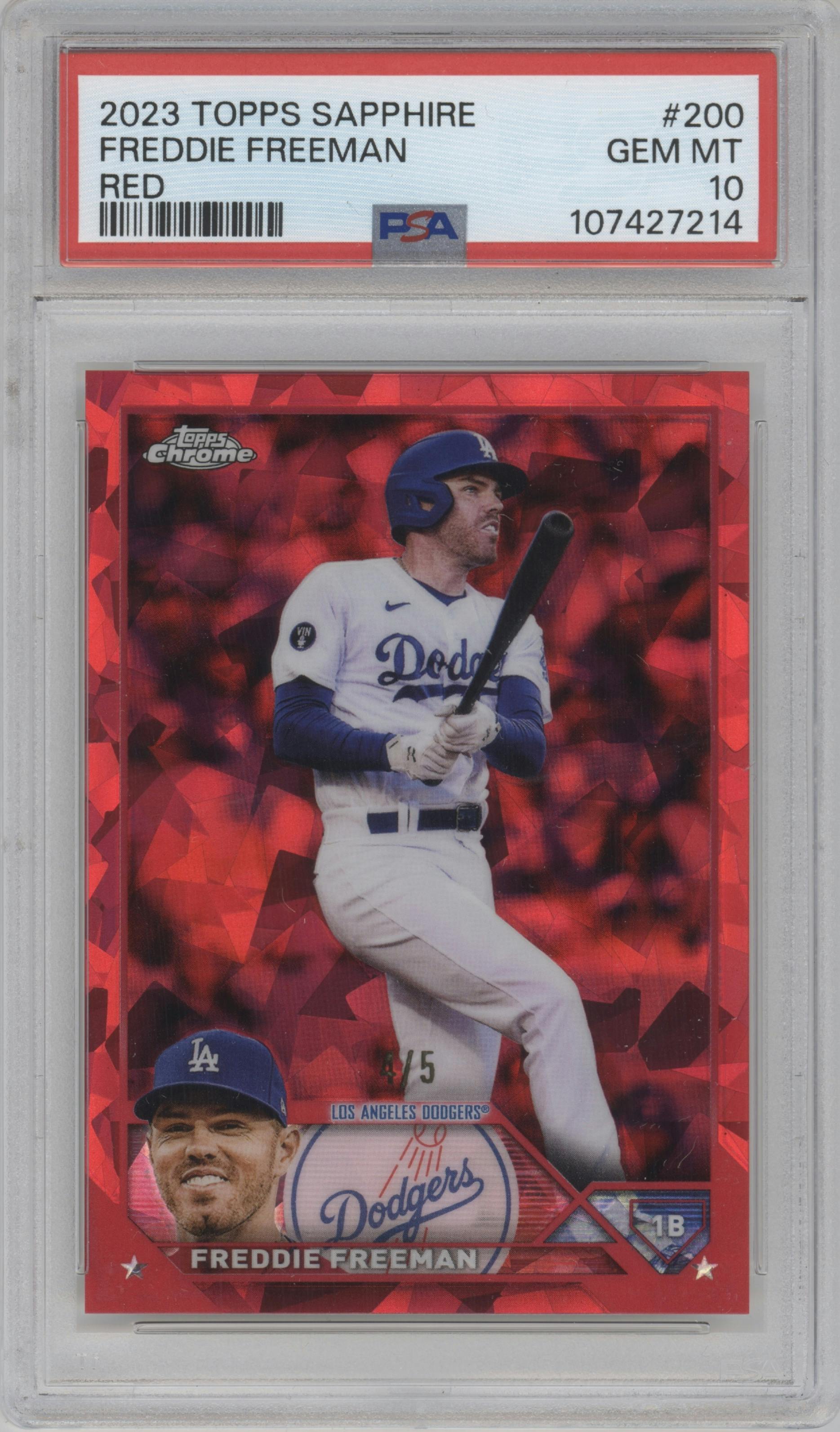 Freddie Freeman from the 2023 Topps Chrome Sapphire set featuring a Red parallel graded by PSA and given an overall grade of 10.