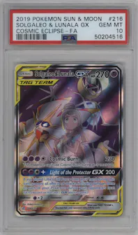 Solgaleo & Lunala GX from the 2019 Pokemon S&M  set graded by PSA and given an overall grade of 10.