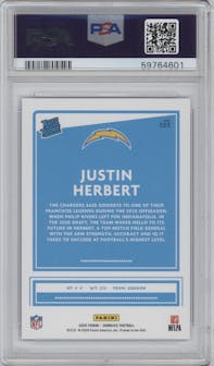 Justin Herbert from the 2020 Panini Donruss set featuring a Press Proof Blue  parallel graded by PSA and given an overall grade of 9.