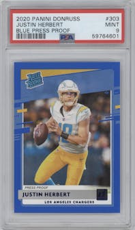 Justin Herbert from the 2020 Panini Donruss set featuring a Press Proof Blue  parallel graded by PSA and given an overall grade of 9.