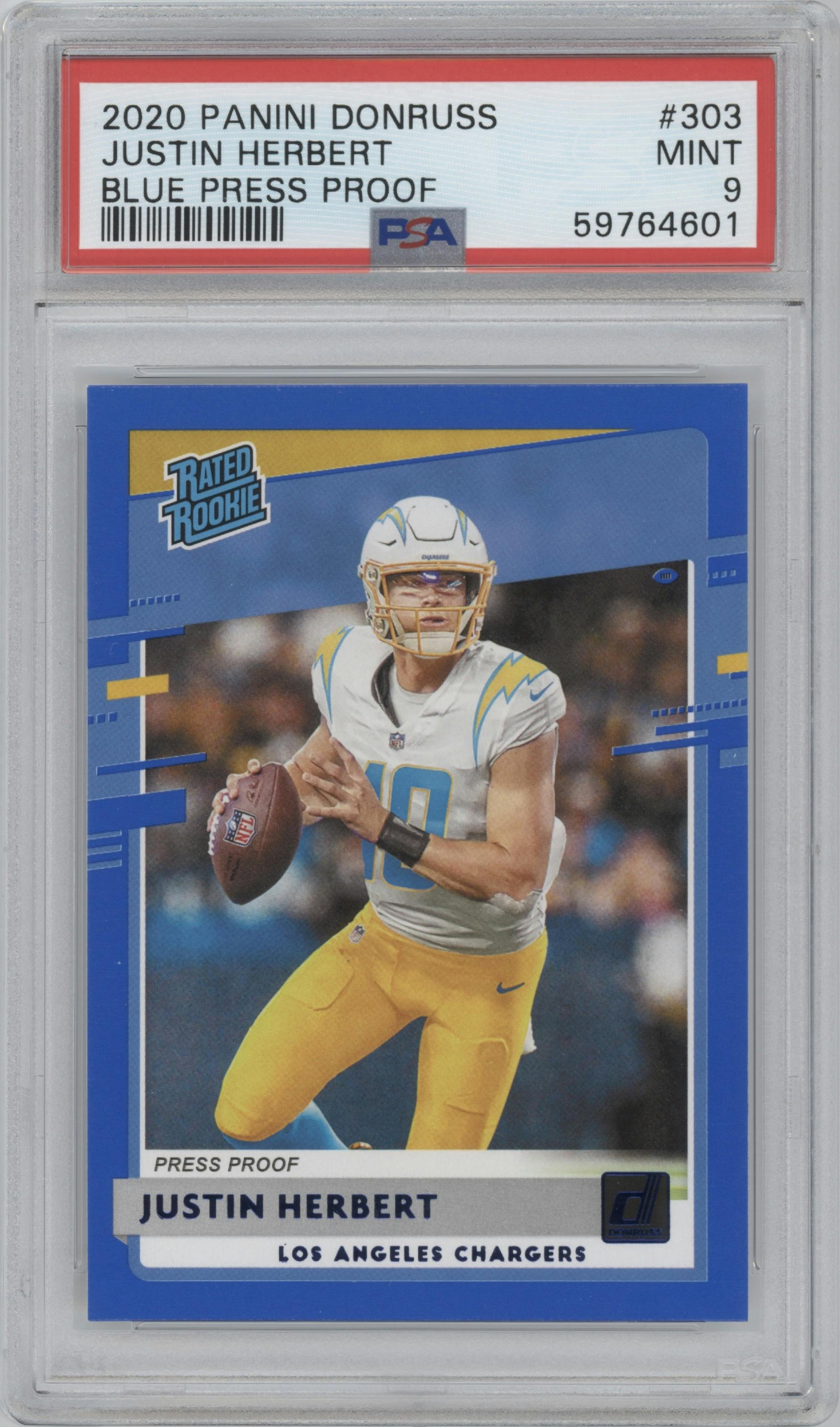 Justin Herbert from the 2020 Panini Donruss set featuring a Press Proof Blue  parallel graded by PSA and given an overall grade of 9.