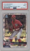Juan Soto from the 2018 Bowman set featuring a Refractor Atomic parallel graded by PSA and given an overall grade of 9.