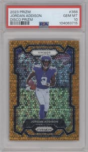 Jordan Addison from the 2023 Panini Prizm set featuring a Disco parallel graded by PSA and given an overall grade of 10.