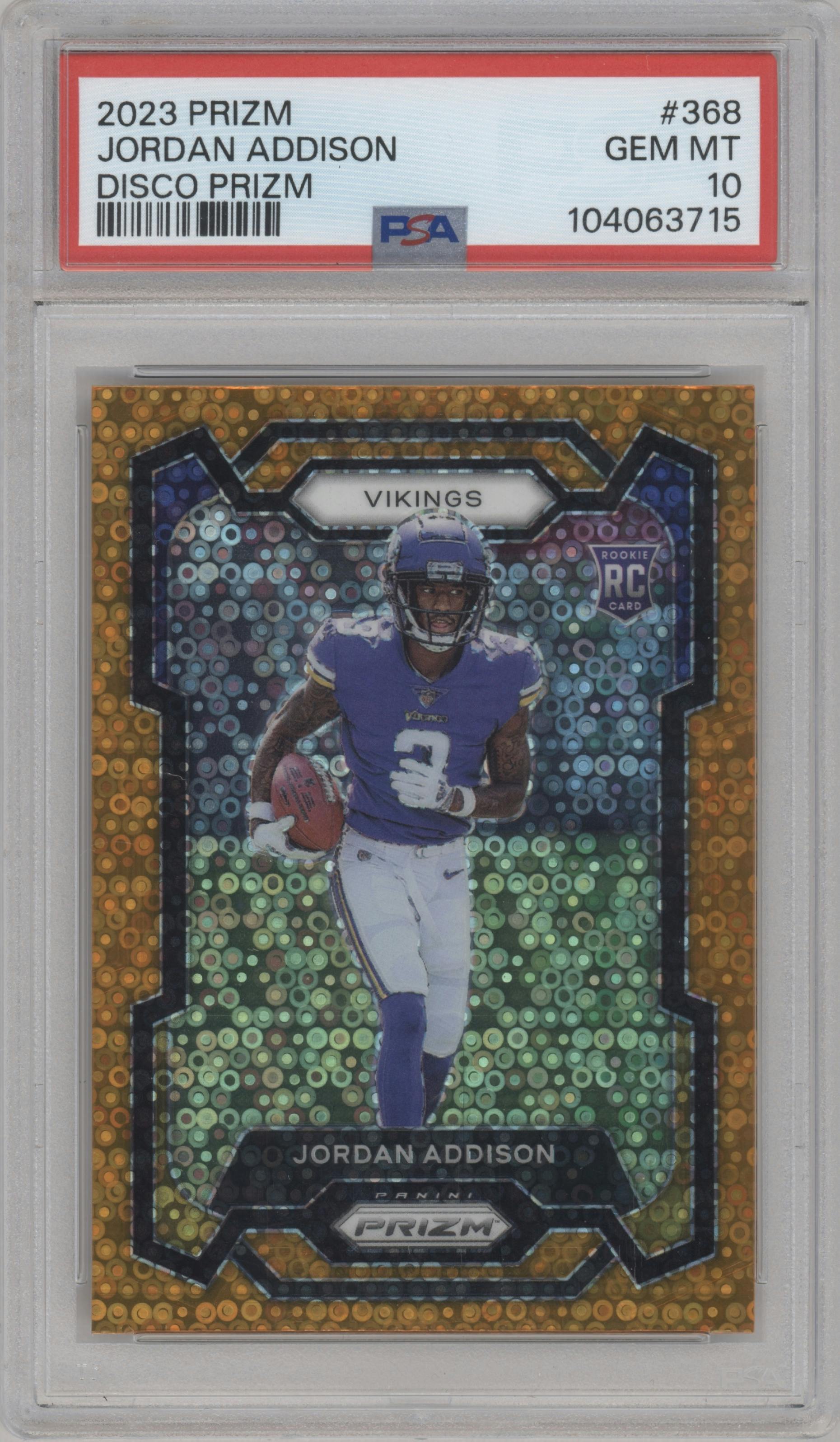 Jordan Addison from the 2023 Panini Prizm set featuring a Disco parallel graded by PSA and given an overall grade of 10.