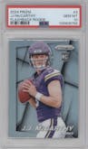 J.J. McCarthy from the 2024 Panini Prizm set graded by PSA and given an overall grade of 10.