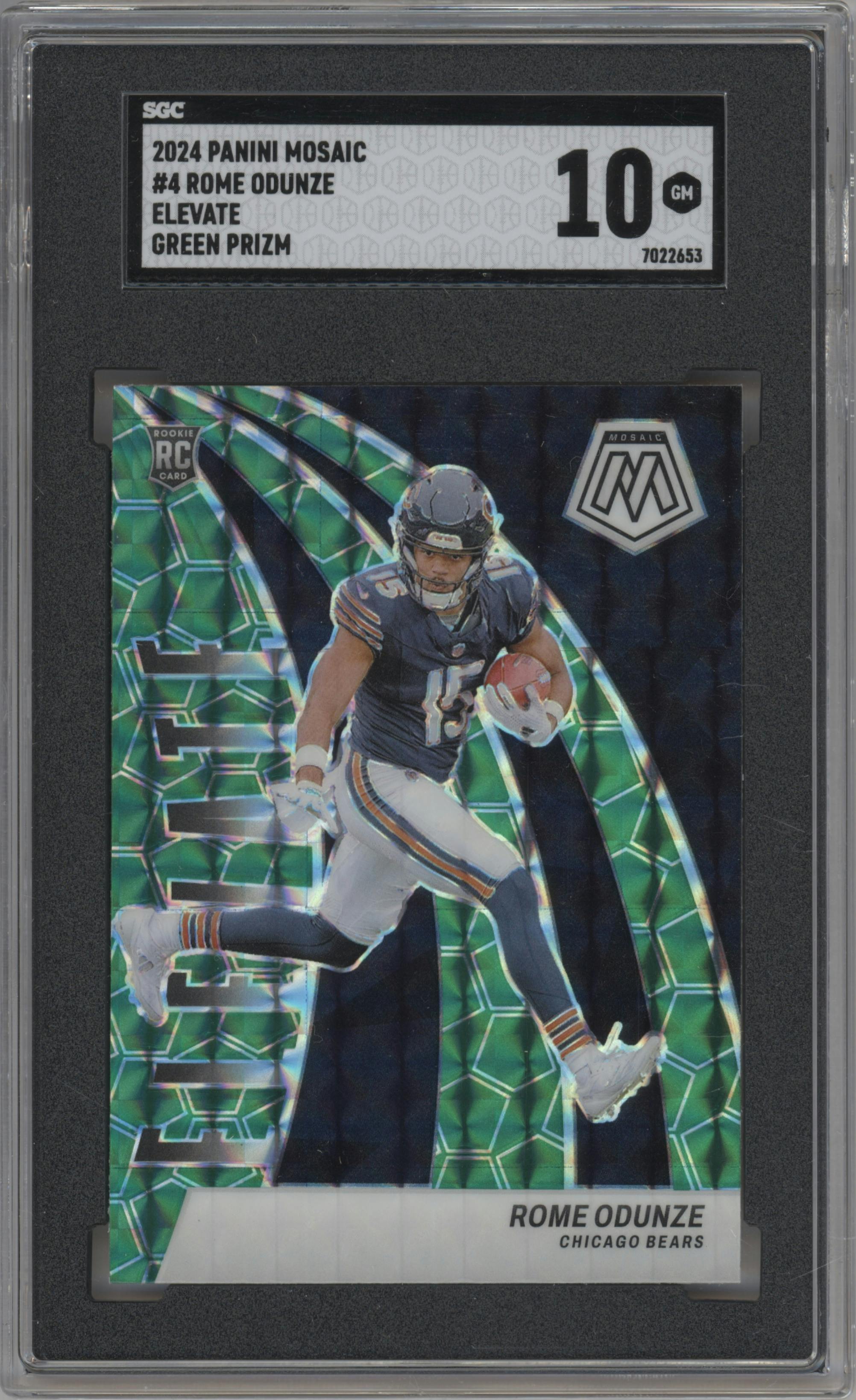Rome Odunze  from the 2024 Panini Mosaic set featuring a Green  parallel graded by SGC and given an overall grade of 10.