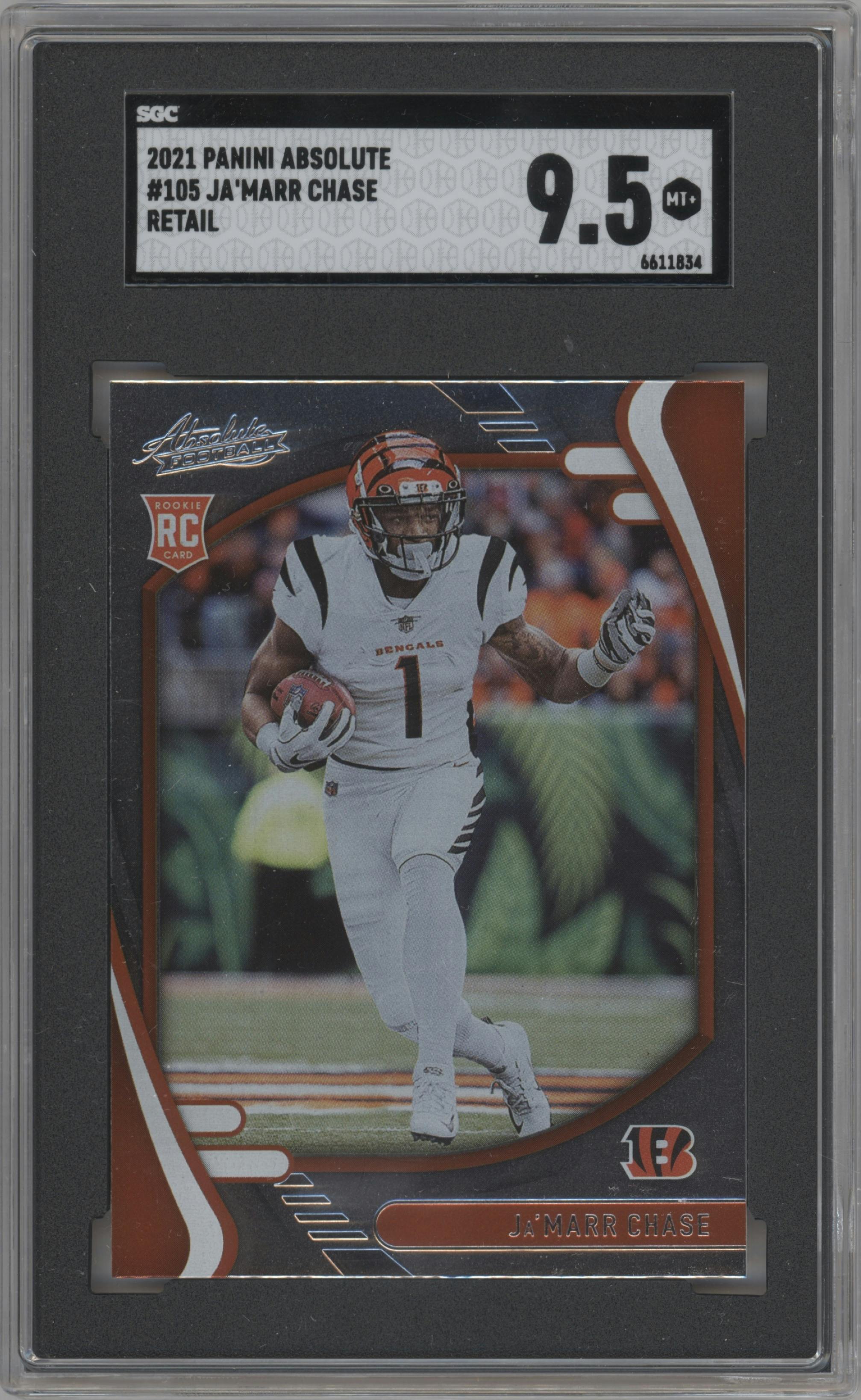 Ja'Marr Chase from the 2021 Panini Absolute set graded by SGC and given an overall grade of 9.5.