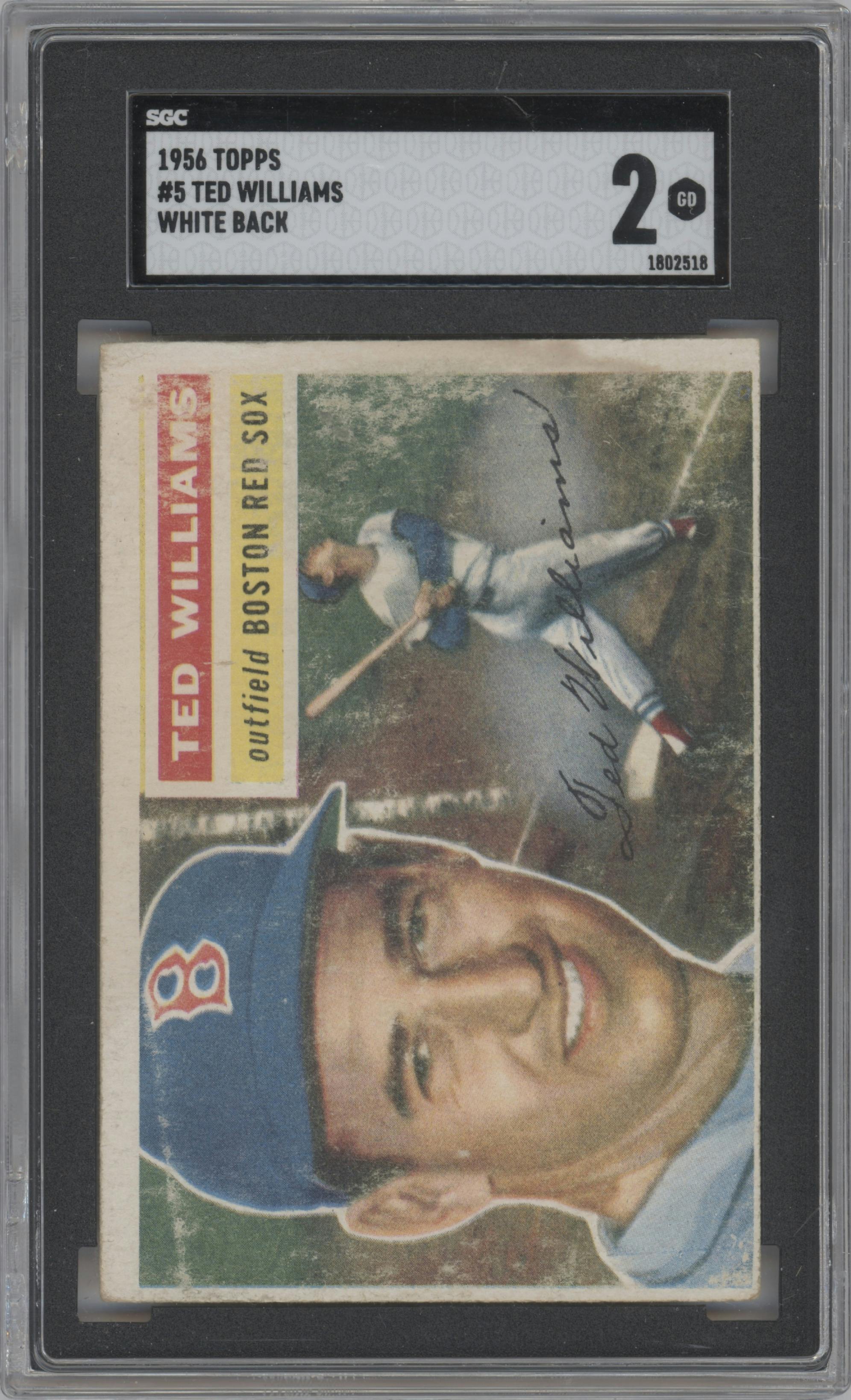 Ted Williams from the 1956 Topps set featuring a White Back parallel graded by SGC and given an overall grade of 2.