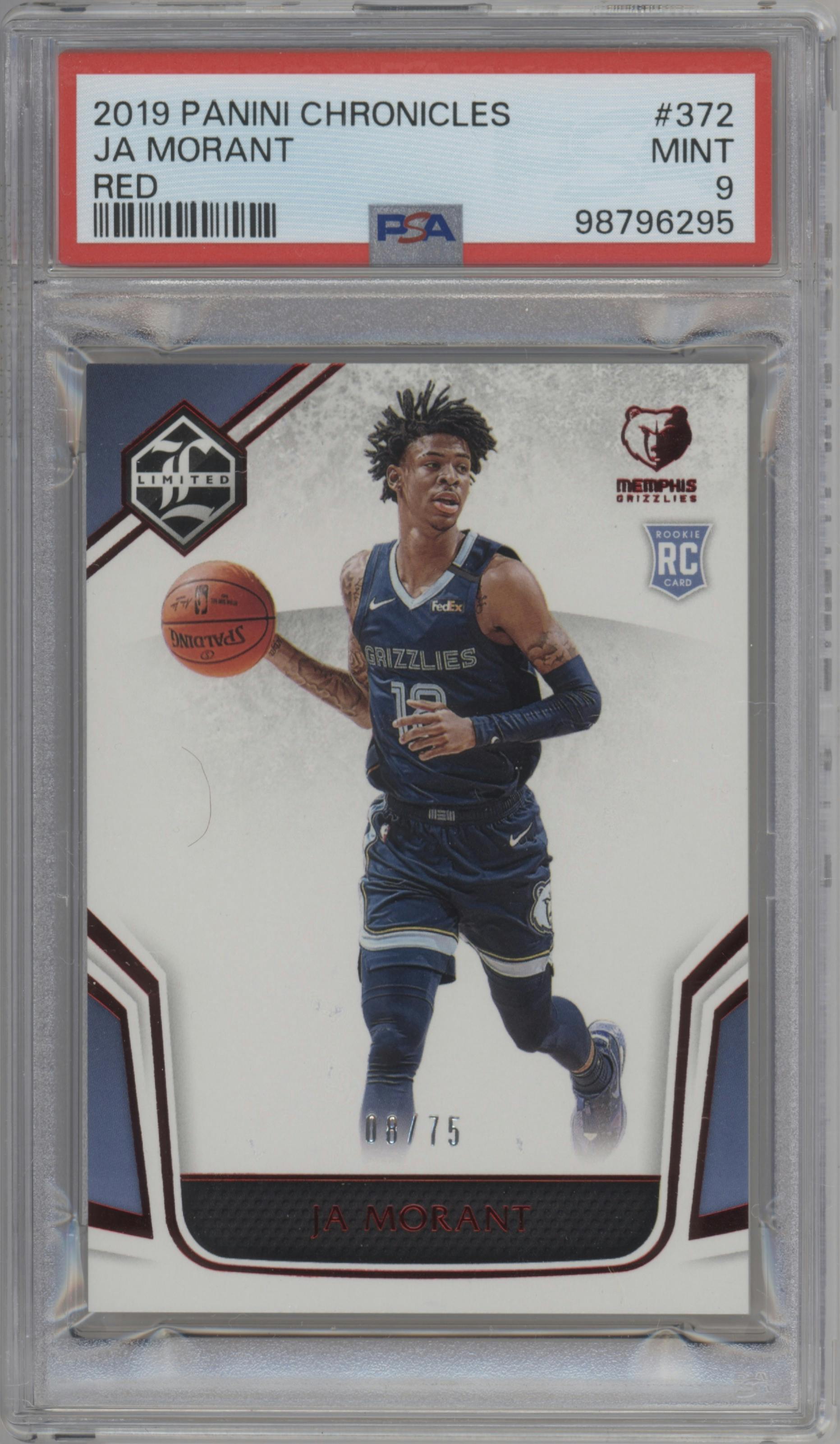 Ja Morant from the 2019-20 Panini Chronicles  set featuring a Red parallel graded by PSA and given an overall grade of 9.