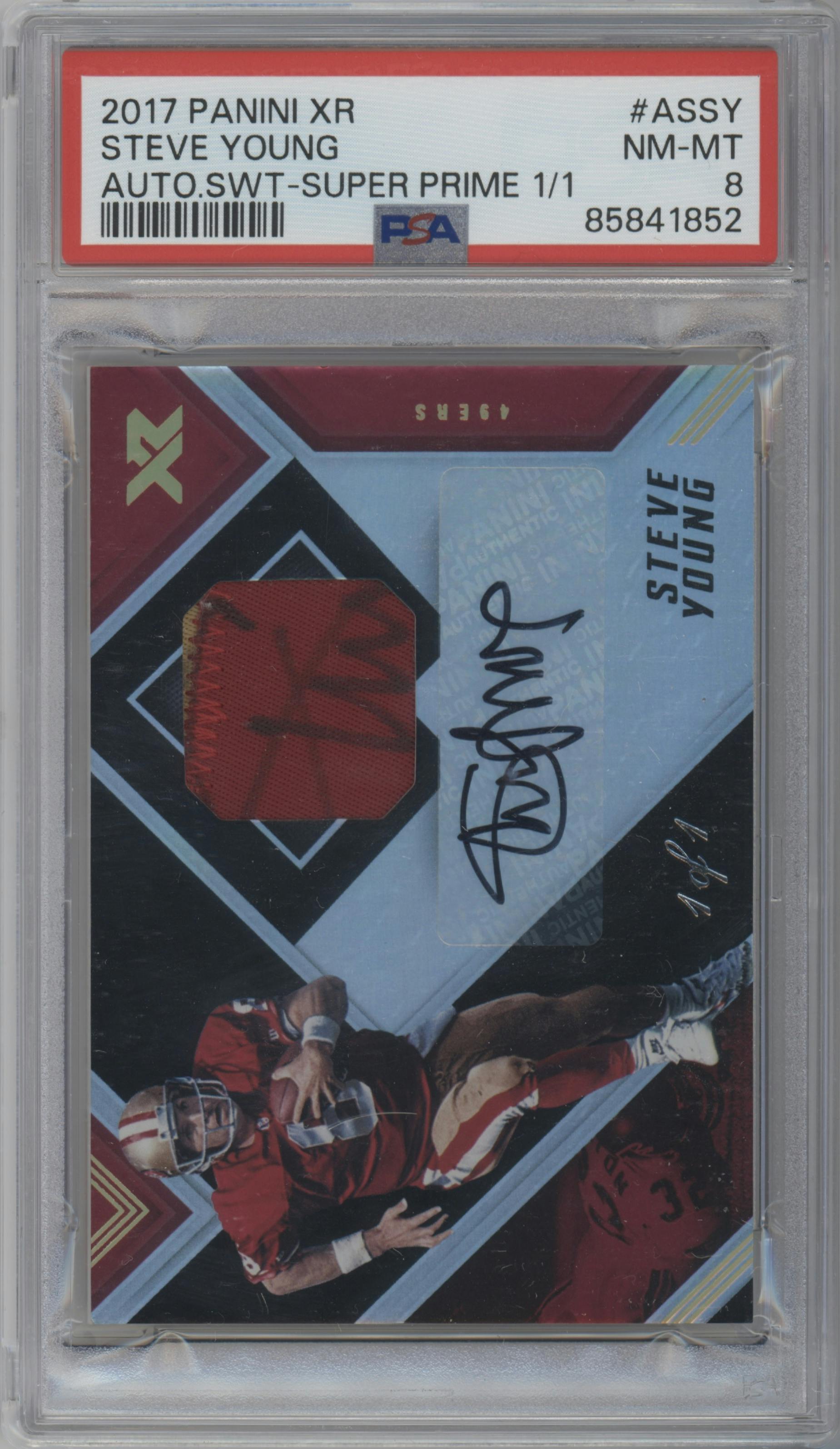 Steve Young from the 2017 Panini XR set featuring a Super Prime parallel graded by PSA and given an overall grade of 8.