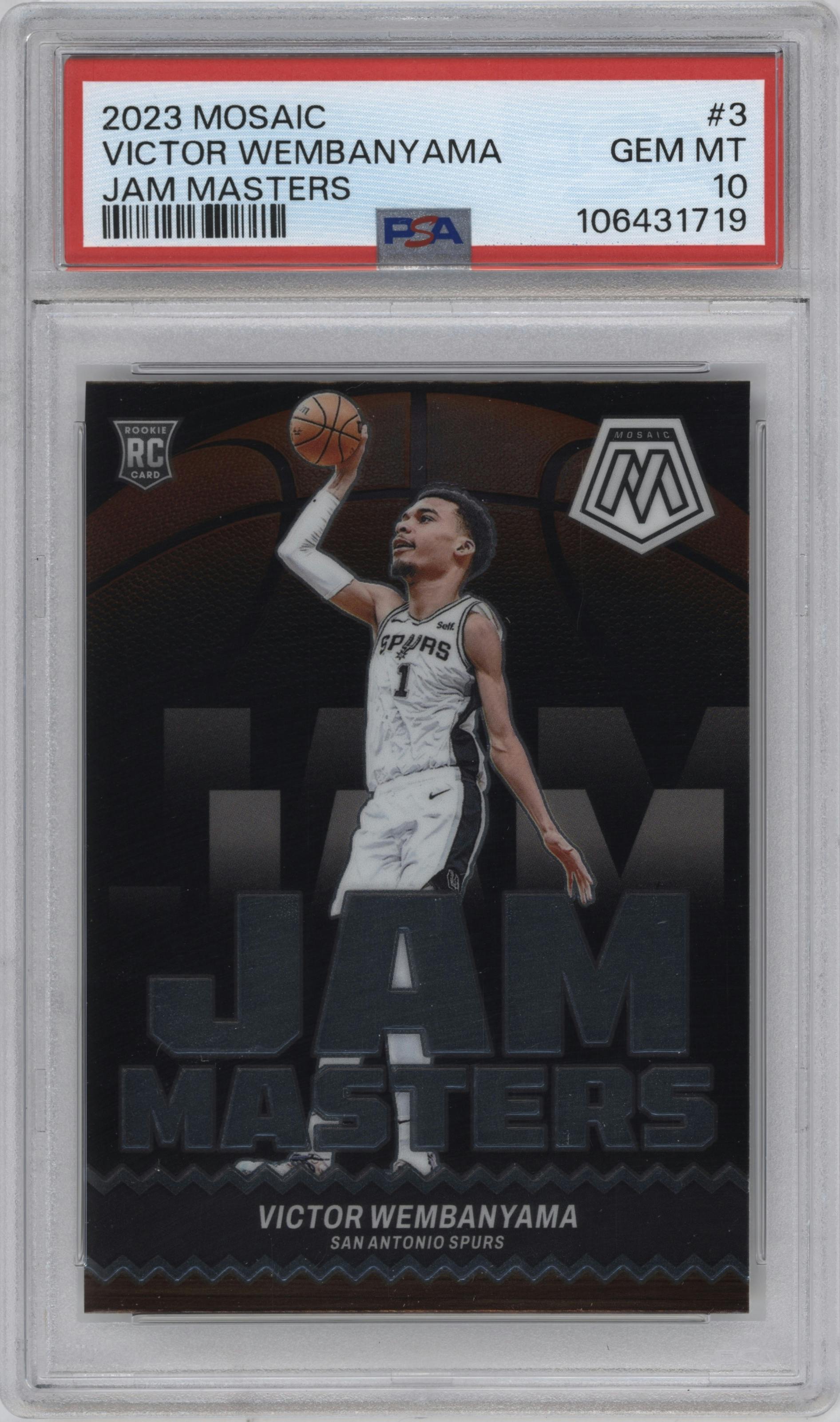 Victor Wembanyama from the 2023-24 Panini Mosaic set graded by PSA and given an overall grade of 10.