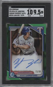 Wyatt Langford from the 2024 Bowman set featuring a HTA Green Lava Refractor parallel graded by SGC and given an overall grade of 9.5.