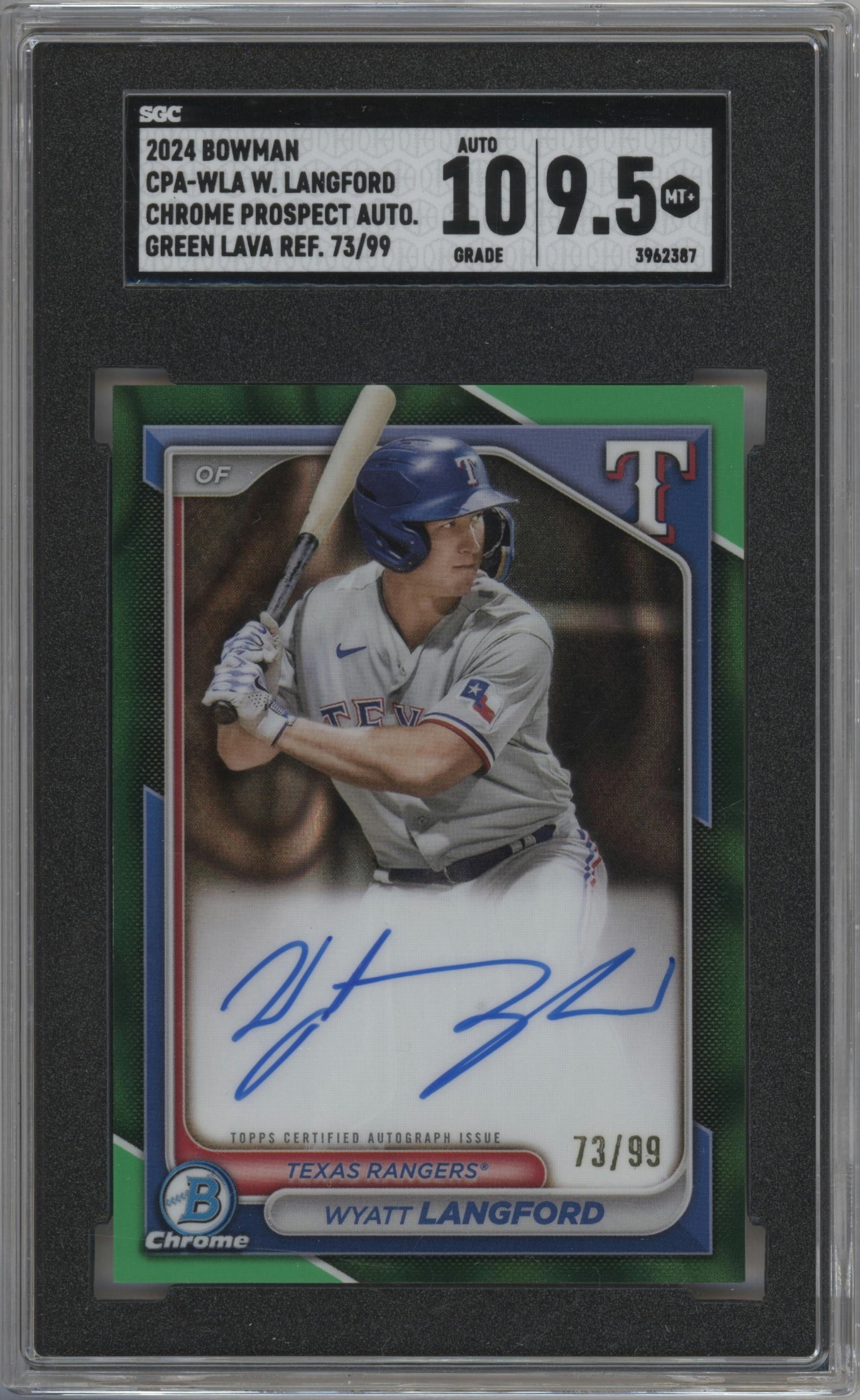 Wyatt Langford from the 2024 Bowman set featuring a HTA Green Lava Refractor parallel graded by SGC and given an overall grade of 9.5.