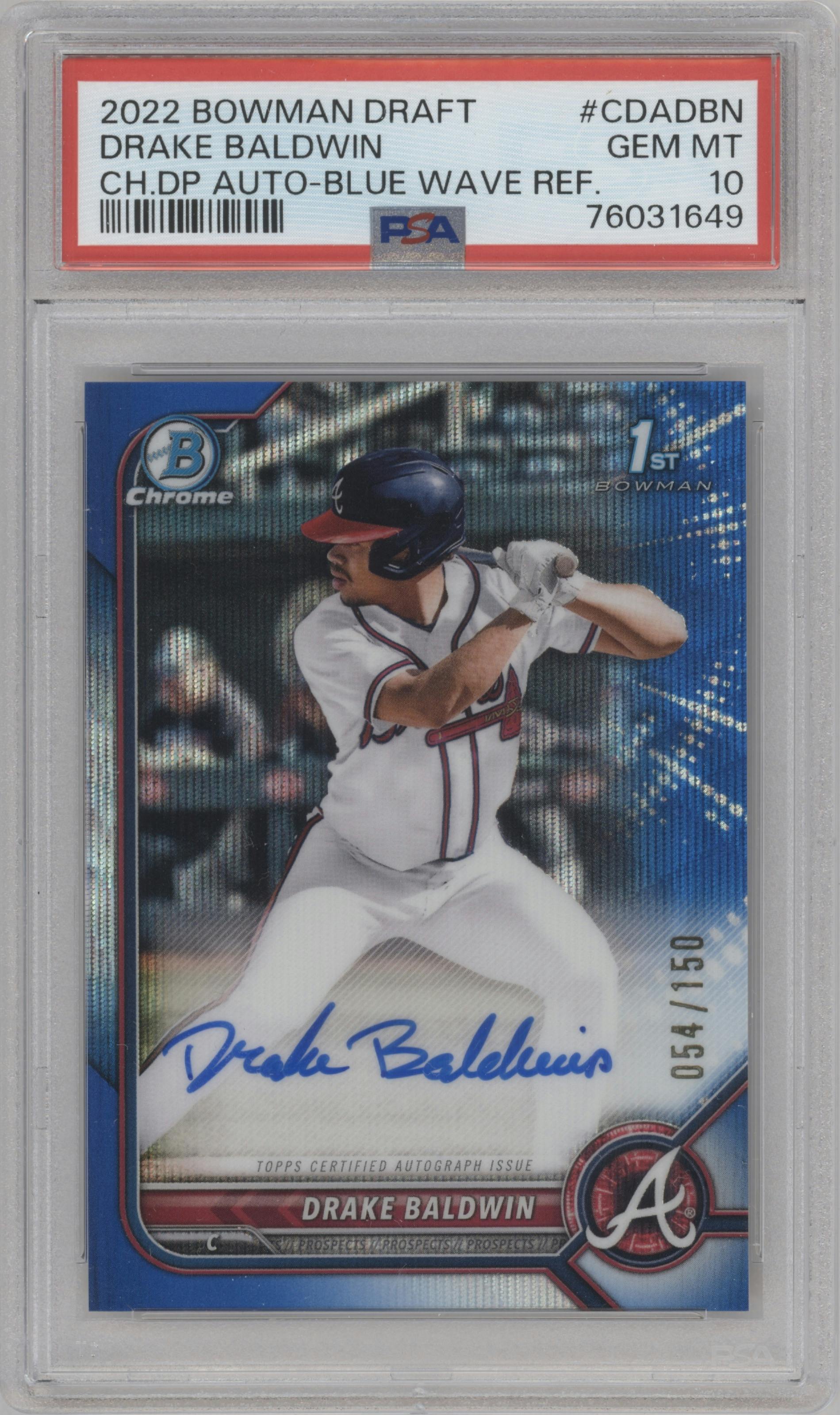Drake Baldwin from the 2022 Bowman Draft set featuring a Blue Wave Refractor parallel graded by PSA and given an overall grade of 10.