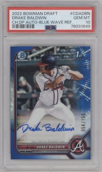 Drake Baldwin from the 2022 Bowman Draft set featuring a Blue Wave Refractor parallel graded by PSA and given an overall grade of 10.