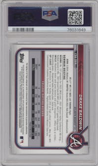 Drake Baldwin from the 2022 Bowman Draft set featuring a Blue Wave Refractor parallel graded by PSA and given an overall grade of 10.