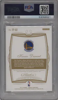Kevin Durant from the 2017-18 Panini Flawless set featuring a Gold parallel graded by PSA and given an overall grade of 10.