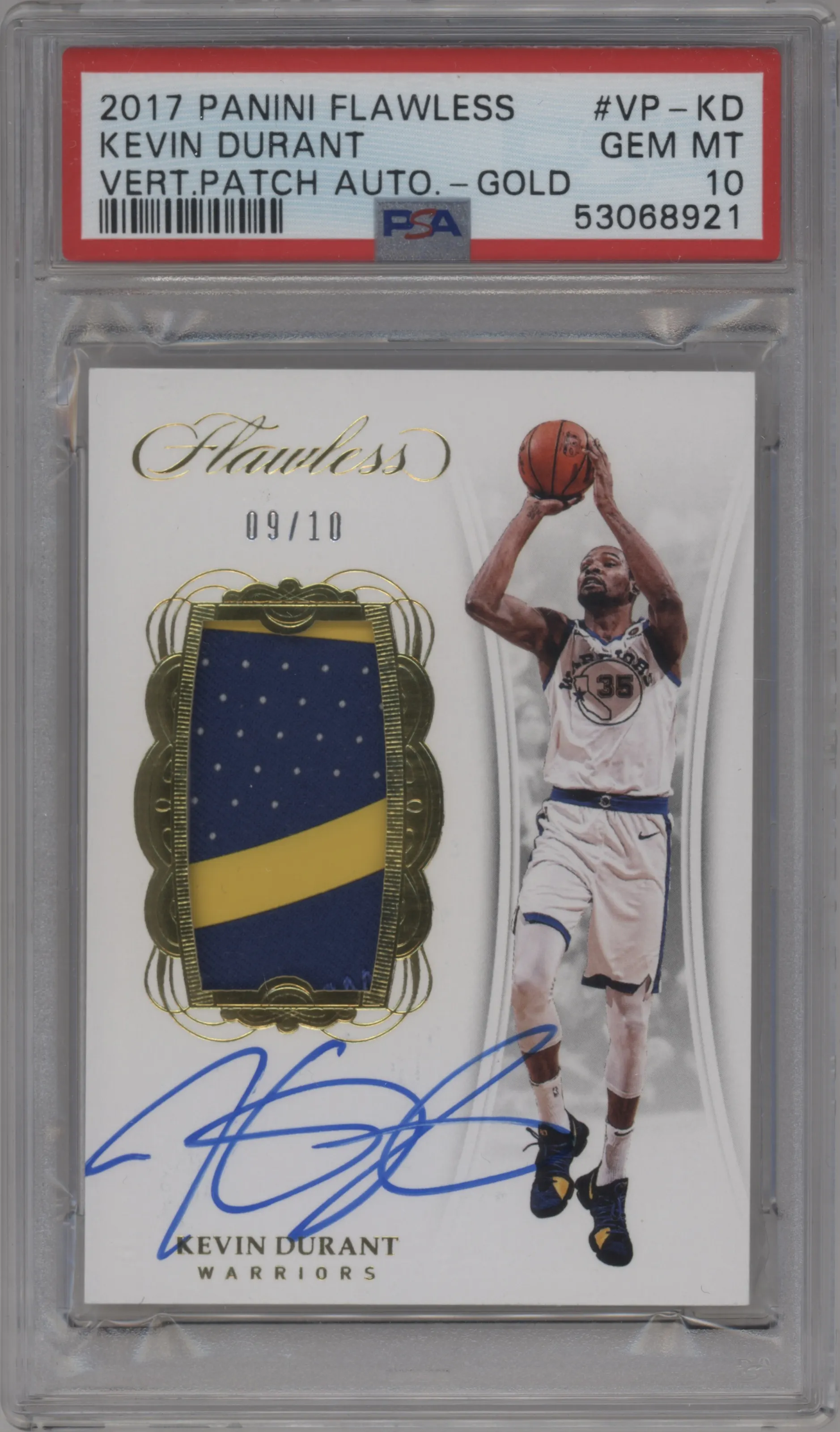 Kevin Durant from the 2017-18 Panini Flawless set featuring a Gold parallel graded by PSA and given an overall grade of 10.