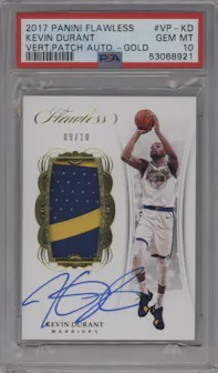 Kevin Durant from the 2017-18 Panini Flawless set featuring a Gold parallel graded by PSA and given an overall grade of 10.