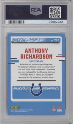 Anthony Richardson from the 2023 Donruss Optic set featuring a Blue Glitter parallel graded by PSA and given an overall grade of 10.