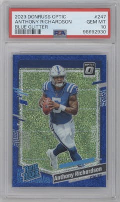 Anthony Richardson from the 2023 Donruss Optic set featuring a Blue Glitter parallel graded by PSA and given an overall grade of 10.