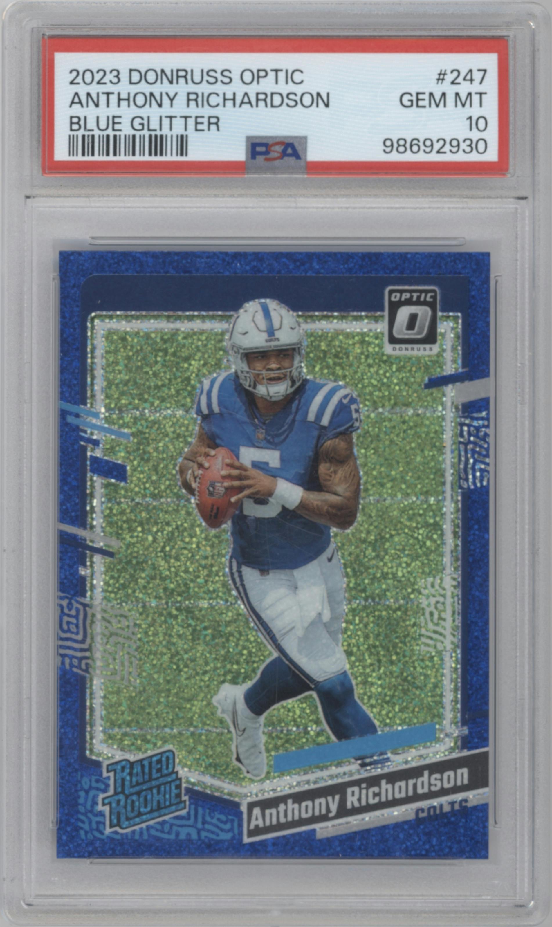 Anthony Richardson from the 2023 Donruss Optic set featuring a Blue Glitter parallel graded by PSA and given an overall grade of 10.