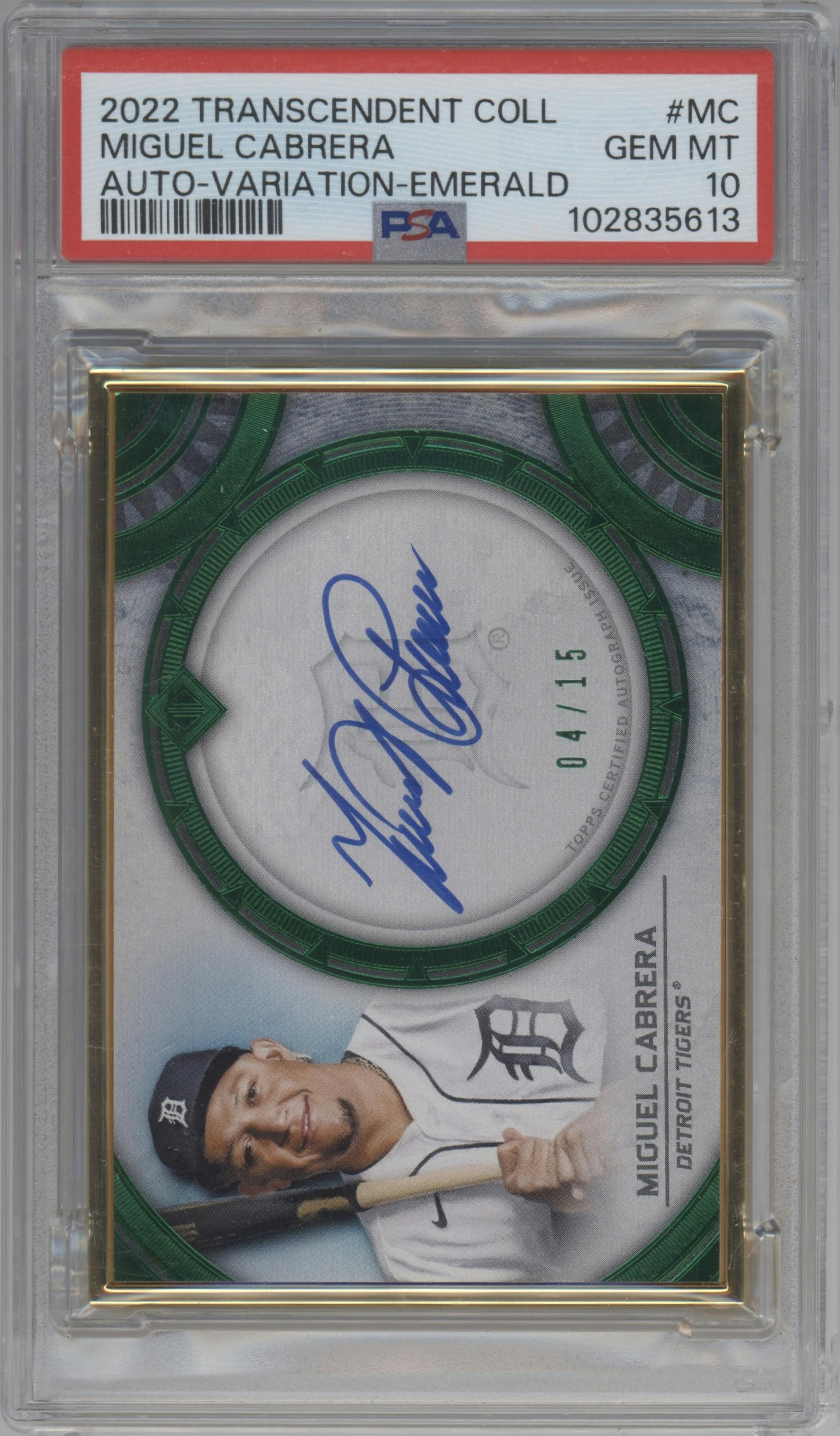 Miguel Cabrera from the 2022 Topps Transcendent Collection set featuring a Emerald parallel graded by PSA and given an overall grade of 10.