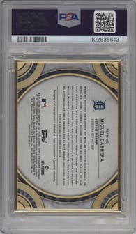 Miguel Cabrera from the 2022 Topps Transcendent Collection set featuring a Emerald parallel graded by PSA and given an overall grade of 10.