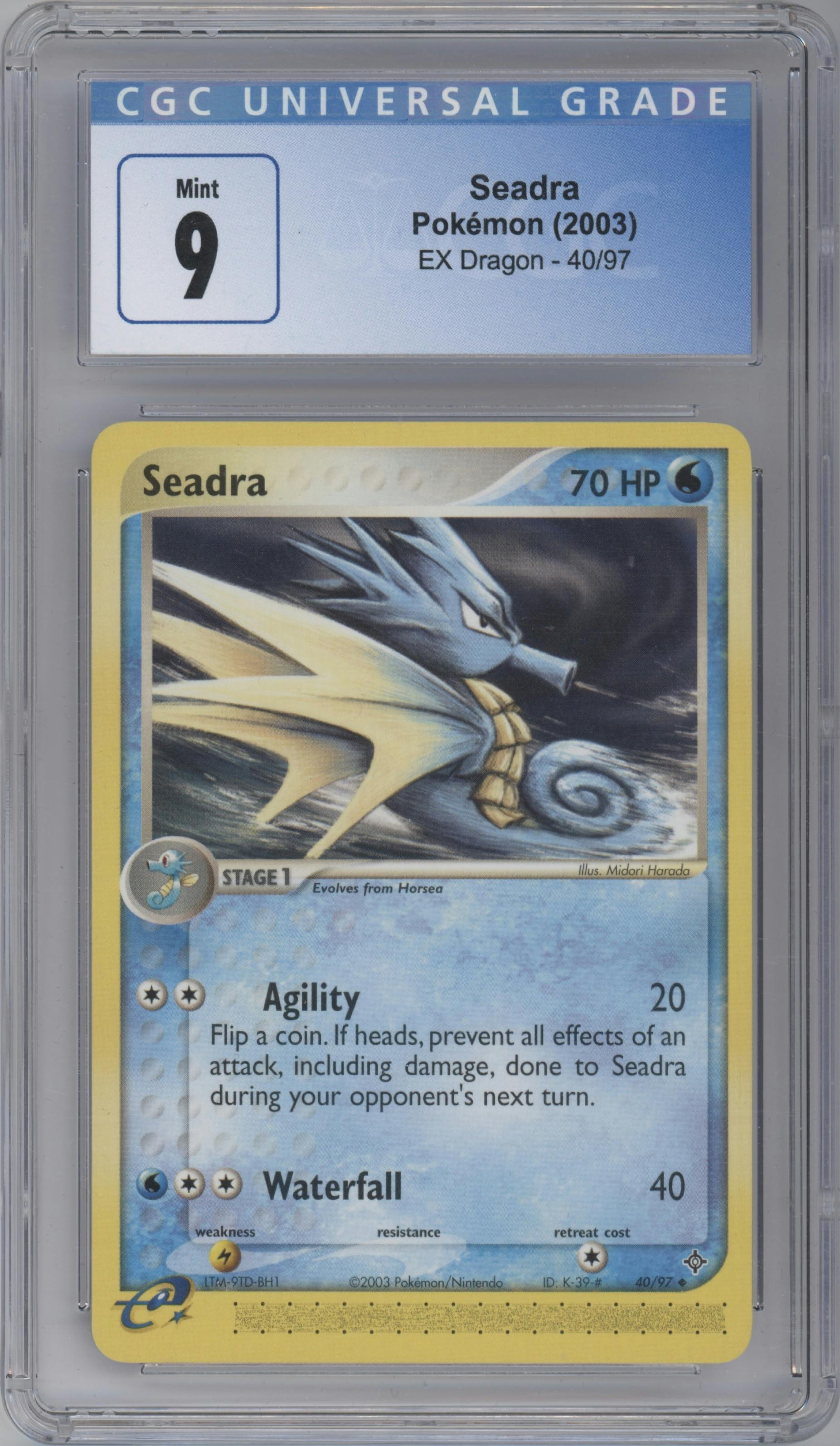 Seadra from the 2003 Pokemon EX set graded by CSG and given an overall grade of 9.
