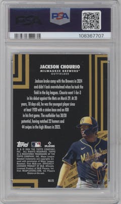 Jackson Chourio from the 2024 Topps Update set featuring a Blue parallel graded by PSA and given an overall grade of 10.