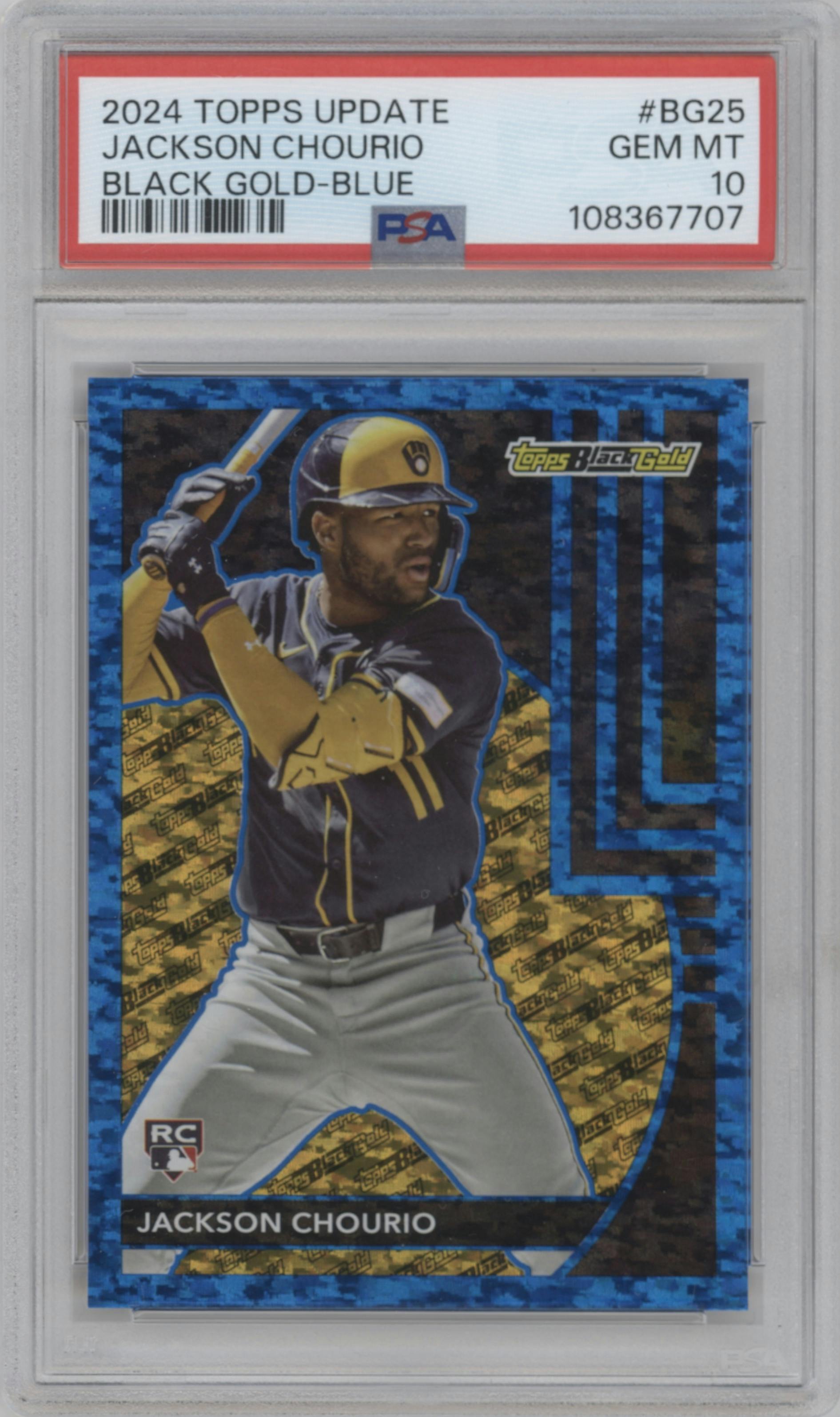 Jackson Chourio from the 2024 Topps Update set featuring a Blue parallel graded by PSA and given an overall grade of 10.