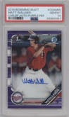 Matt Wallner from the 2019 Bowman Draft set featuring a Purple Refractor parallel graded by PSA and given an overall grade of 10.