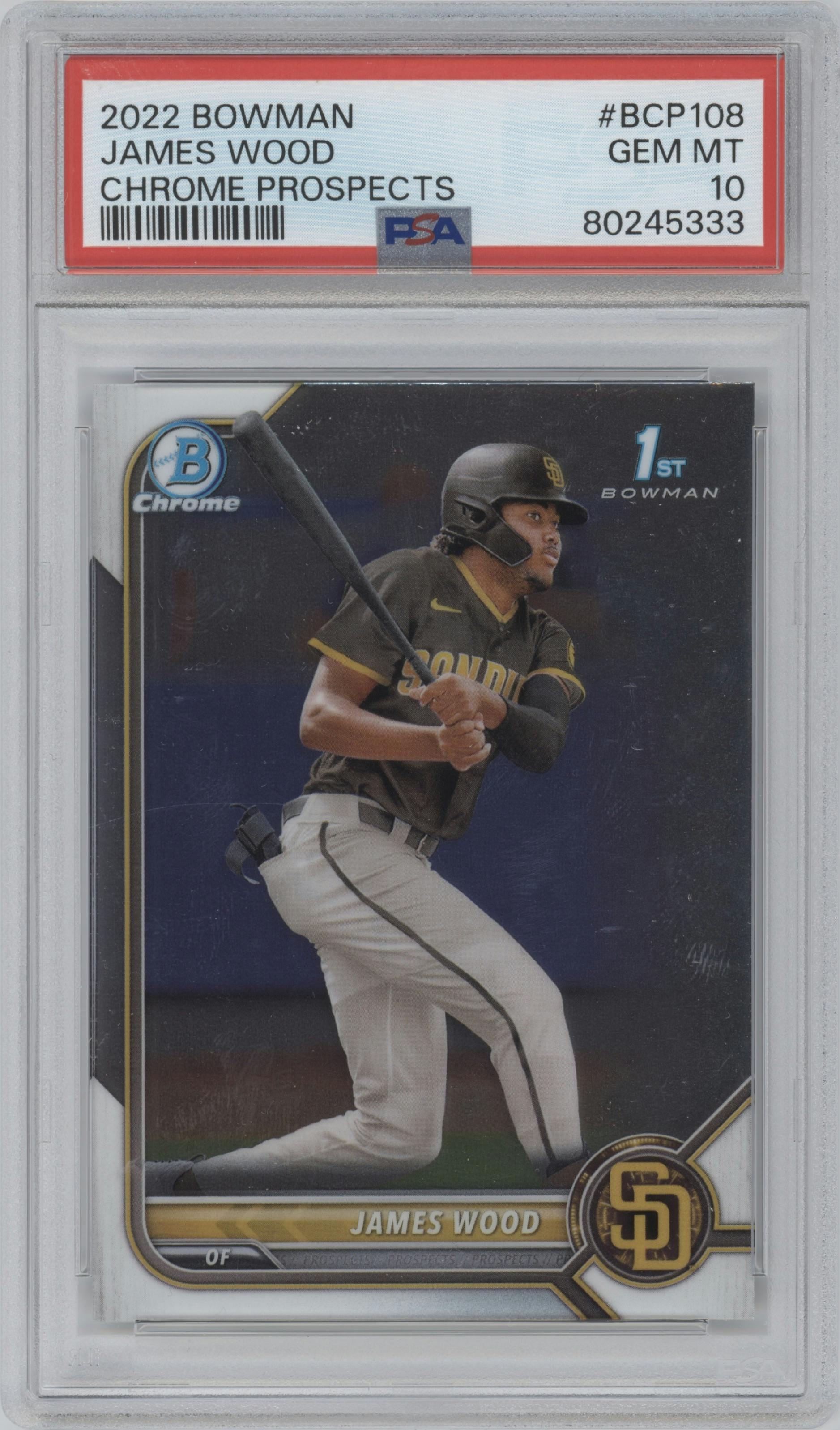 James Wood from the 2022 Bowman set graded by PSA and given an overall grade of 10.