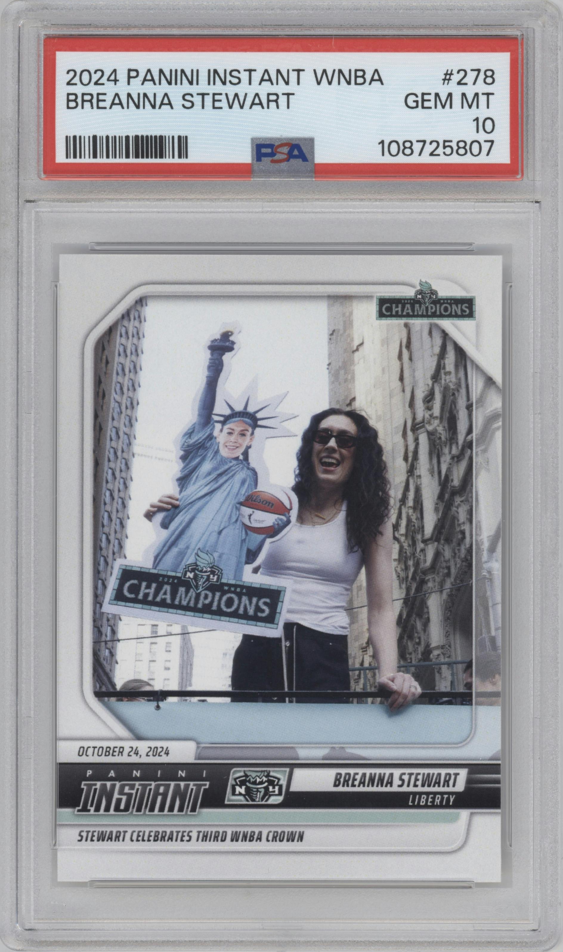 Breanna Stewart from the 2024-25 Panini Instant WNBA set graded by PSA and given an overall grade of 10.