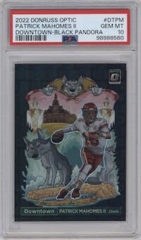 Patrick Mahomes II from the 2022 Panini Donruss Optic set featuring a Black Pandora parallel graded by PSA and given an overall grade of 10.