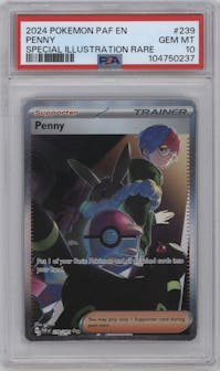 Penny from the 2024 Pokemon SV set graded by PSA and given an overall grade of 10.