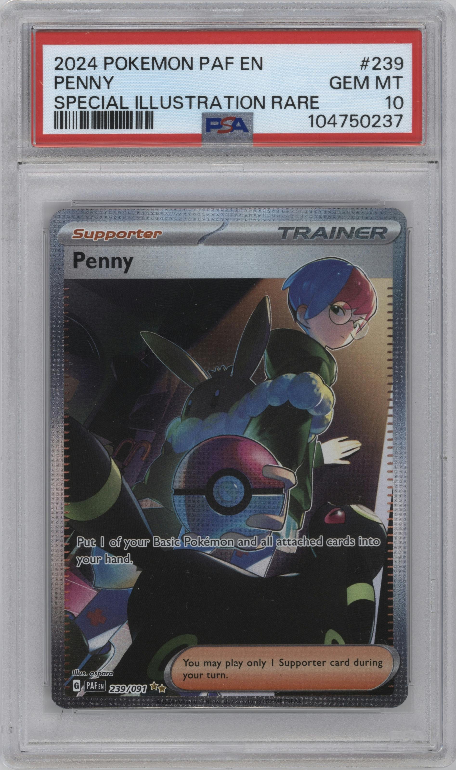 Penny from the 2024 Pokemon SV set graded by PSA and given an overall grade of 10.