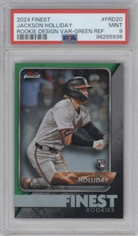 Jackson Holliday from the 2024 Topps Finest set featuring a Green Refractor parallel graded by PSA and given an overall grade of 9.