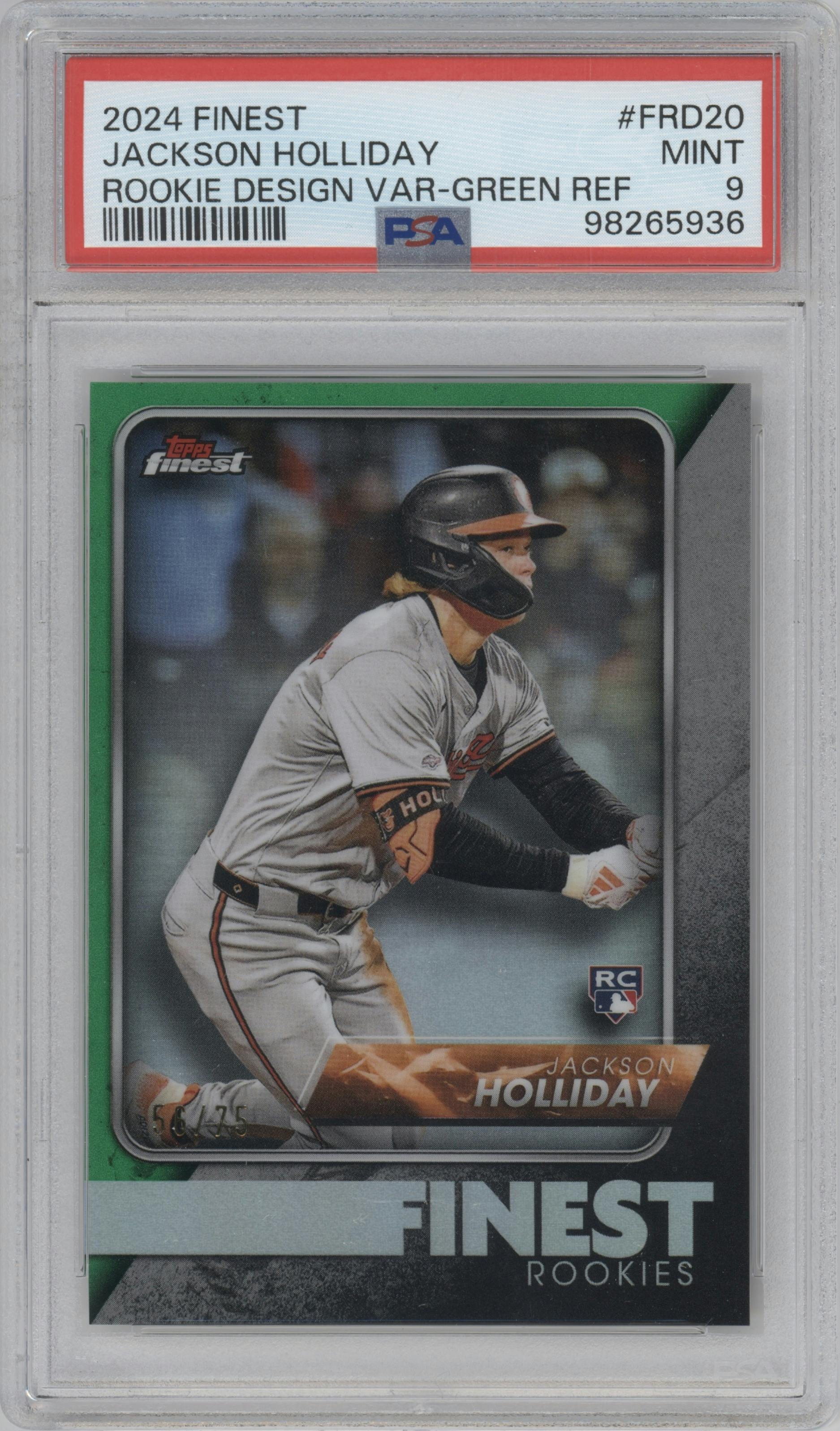 Jackson Holliday from the 2024 Topps Finest set featuring a Green Refractor parallel graded by PSA and given an overall grade of 9.