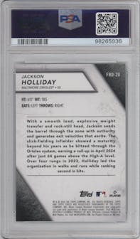 Jackson Holliday from the 2024 Topps Finest set featuring a Green Refractor parallel graded by PSA and given an overall grade of 9.
