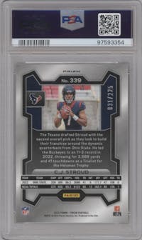 C.J. Stroud from the 2023 Panini Prizm set featuring a Purple Ice parallel graded by PSA and given an overall grade of 10.