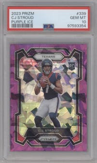 C.J. Stroud from the 2023 Panini Prizm set featuring a Purple Ice parallel graded by PSA and given an overall grade of 10.