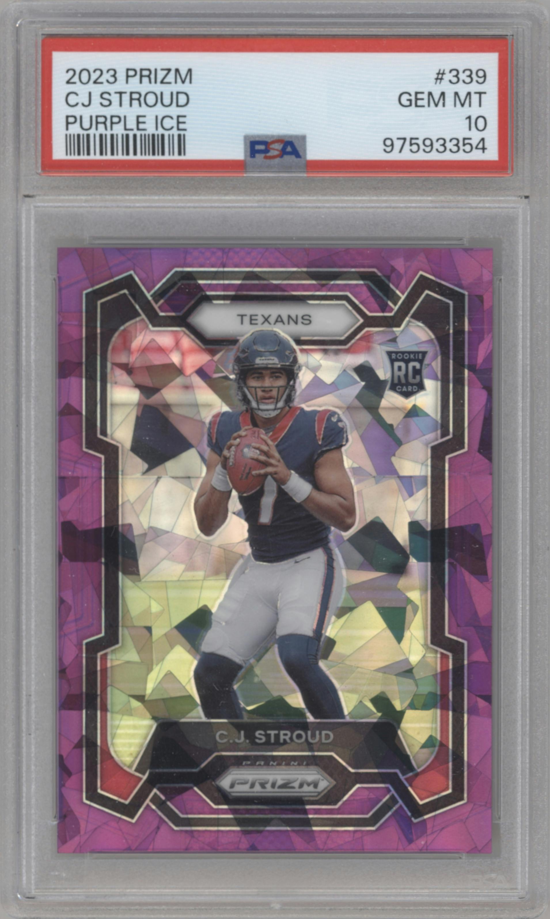 C.J. Stroud from the 2023 Panini Prizm set featuring a Purple Ice parallel graded by PSA and given an overall grade of 10.