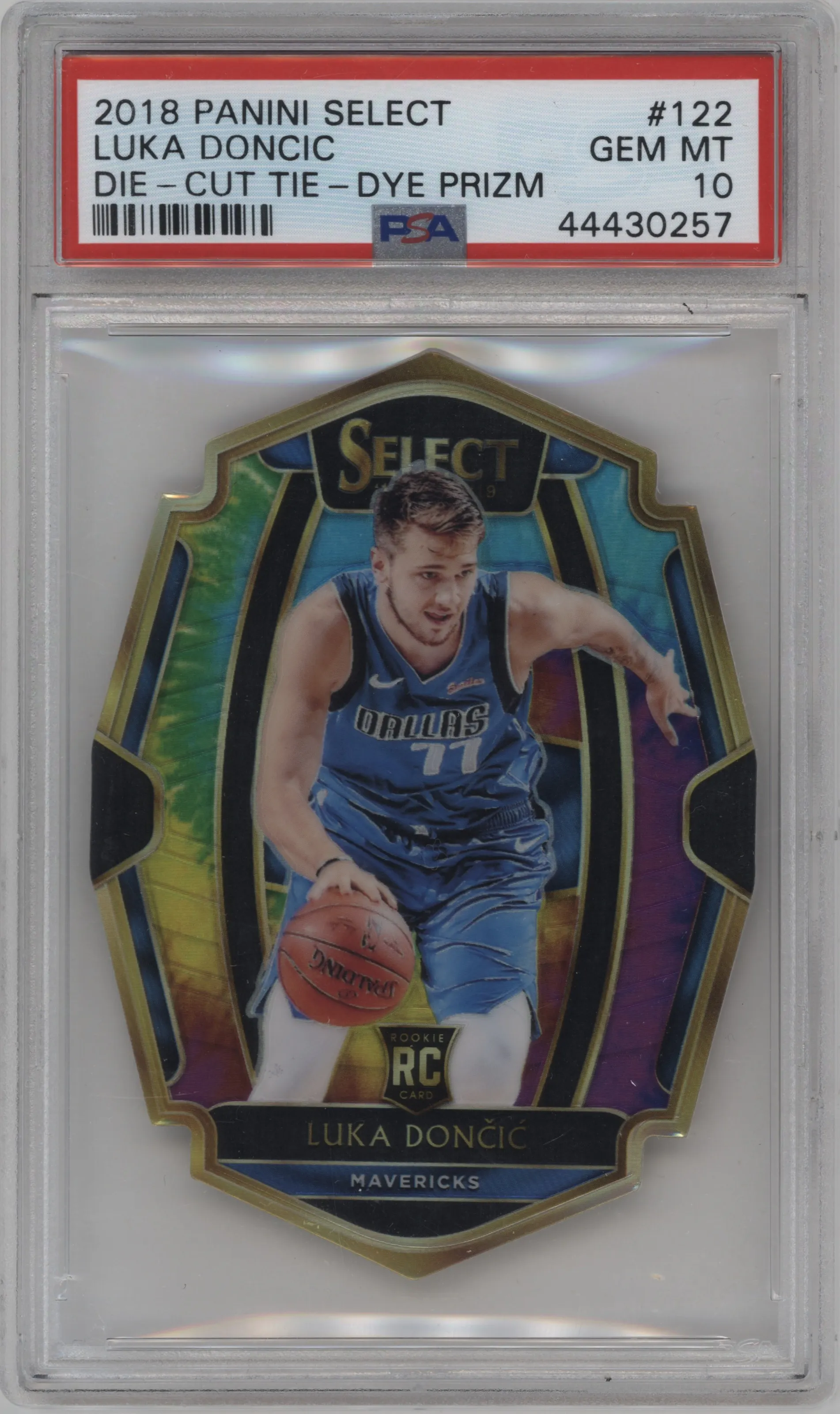 Luka Doncic from the 2018-19 Panini Select  set featuring a Die-Cut Tie-Dye parallel graded by PSA and given an overall grade of 10.
