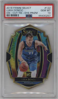 Luka Doncic from the 2018-19 Panini Select set featuring a Die-Cut Tie-Dye parallel graded by PSA and given an overall grade of 10.