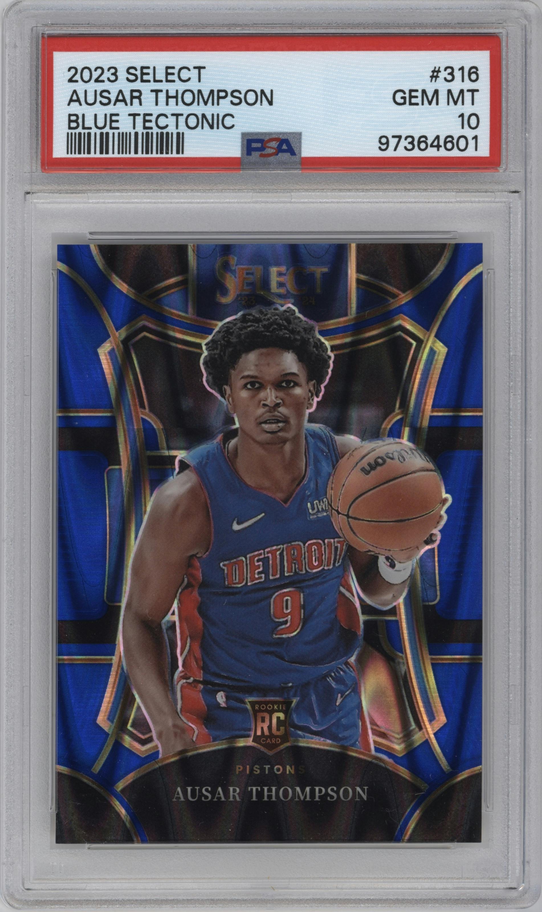 Ausar Thompson from the 2023-24 Panini Select  set featuring a Blue Tectonic parallel graded by PSA and given an overall grade of 10.